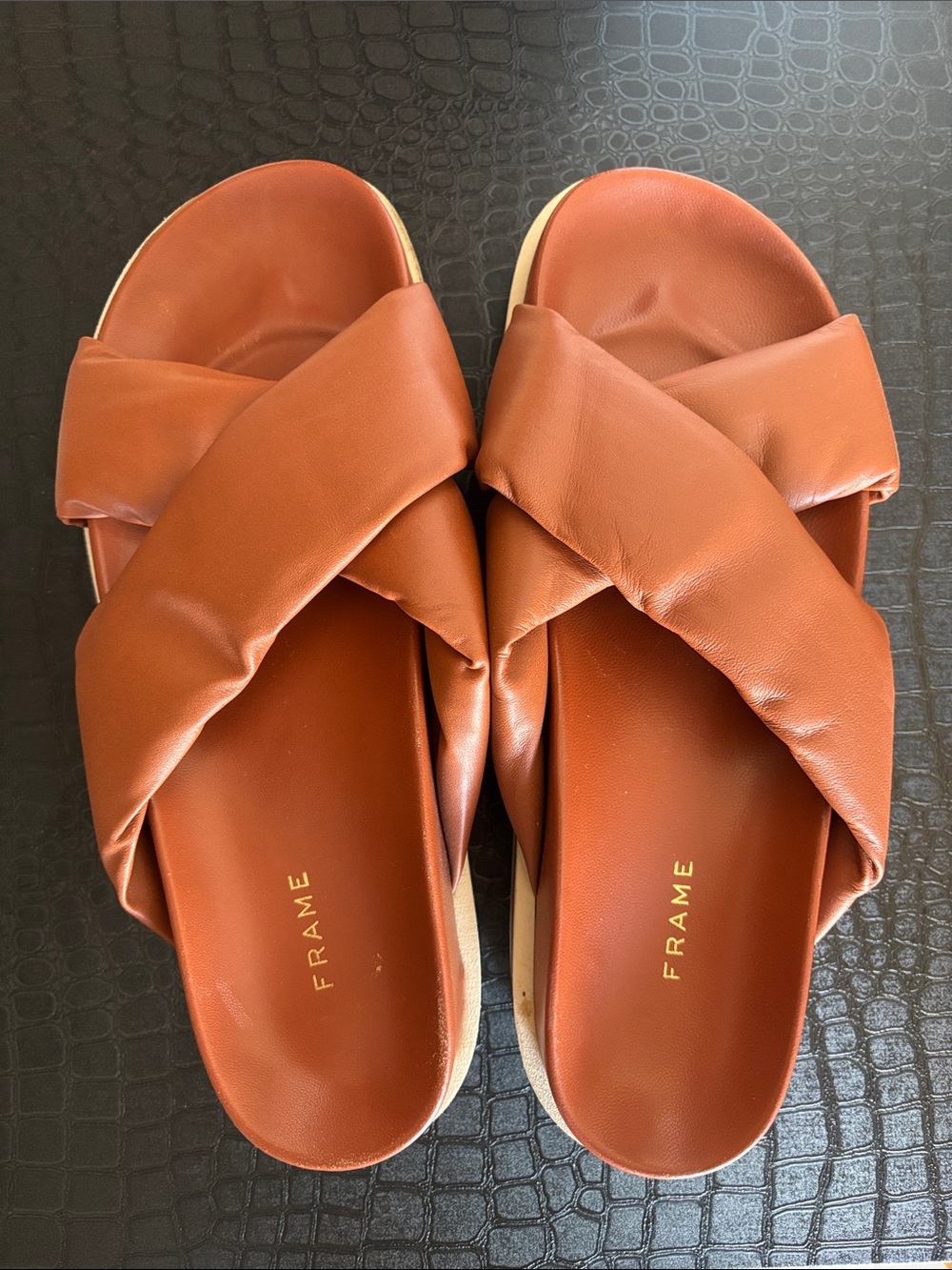FRAME Cognac Leather Sandals - Size 8
